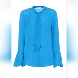 NEW ETRO Silk Tie Neck Pussybow Button Blouse Bell Sleeve Size 44 Blue